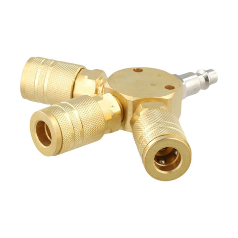Three Way Brass Pneumatic Manifold With Quick Connect Brass Couplers For Seamless Air Lines In The Shop Or Garage