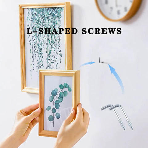 Badass Metal Right Angle Screws L Shaped Zinc Plated Self Tapping Hardware 100 Pack in use, hanging a picture frame.