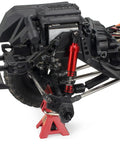 Installed Aluminum Big Bore Shocks 85mm 4 Pack For 1/10 RC Crawler LCG Chassis showing red finish and suspension setup