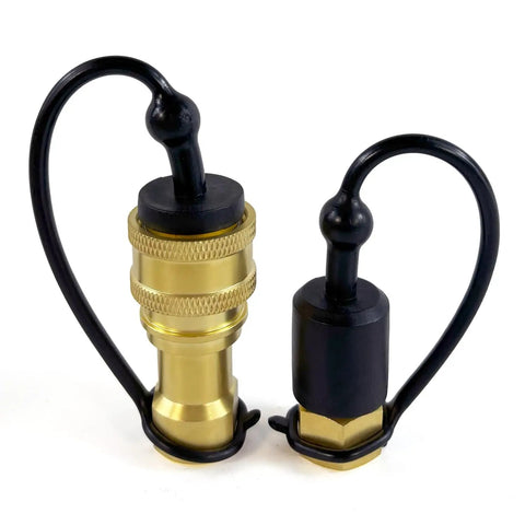 Quarter Inch NPT Quick Disconnect Hydraulic Coupler With Brass Body And Stainless Steel Valve Built To Last Heavy Duty Dust Caps ISO 7241 B Interchangeable With ISO 7241 B Series Couplings Double O Rings For Carpet Cleaning Wands And Truck Mounts.