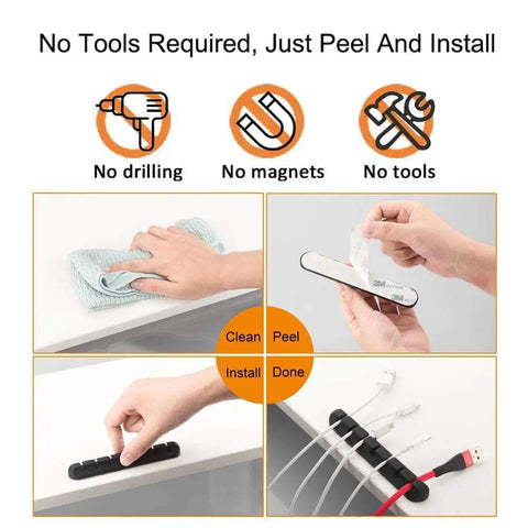 Installation steps of Self Adhesive Cable Clip Organizer Set For Desk, Car, Nightstand And Office Silicone Cord Holders