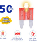 Smart Glow Mini Blade Auto Fuses Illuminated Indicator in vibrant red, demonstrating visual feedback when blown, 50 pack.