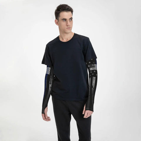 Young man wearing Cooling Arm Sleeves Feature American Flag Print And Next Level UV Sun Protection crafted from ice silk.