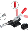 Front view of 4 Pack GH 305C Push Pull Toggle Clamp Kit With Quick Release Stroke And 500 Lbs Holding Power For Welding, Woodworking, Metalworking And More, Beefy Durable Heavy Duty Build For Jigs, Fixtures, Assembly And Fabrication Tasks showing ergonomic grip and carbon steel construction.