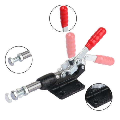 Front view of 4 Pack GH 305C Push Pull Toggle Clamp Kit With Quick Release Stroke And 500 Lbs Holding Power For Welding, Woodworking, Metalworking And More, Beefy Durable Heavy Duty Build For Jigs, Fixtures, Assembly And Fabrication Tasks showing ergonomic grip and carbon steel construction.