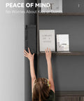 Child reaching up toward Biometric Gun Safe With Slider Access, Heavy Steel Pistol Lock Box for nightstand, desk, wall or dresser.