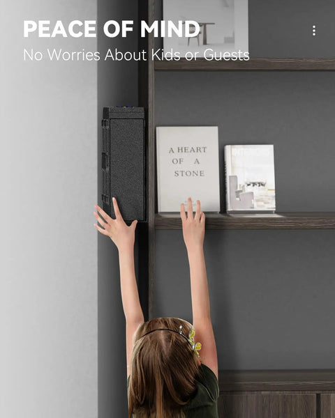 Child reaching up toward Biometric Gun Safe With Slider Access, Heavy Steel Pistol Lock Box for nightstand, desk, wall or dresser.