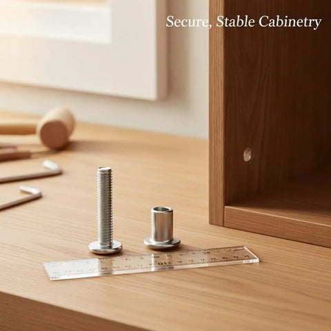 Dual Thread Hanger Bolt for Furniture Assembly and Cabinet Repair Silver Finish on table with ruler