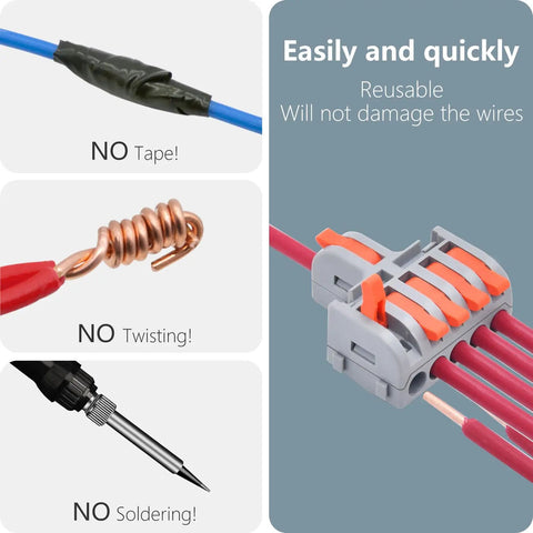 Lever Wire Connector Kit 10 Pack For DIY Quick Push In Splicing beside examples of non-damaging wire connection techniques.