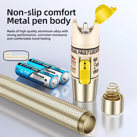 Gold metal Visual Fault Locator pen with yellow cap and braided fiber optic tube; two blue AA batteries nearby.