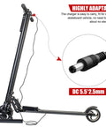 Portable 42V 2A Scooter Battery Charger For Electric Skateboard And EV, Long Cable On The Go Charge, Lightweight Reusable Design, Safe Conformity Approved With LED Indicator And US Standard Plug depicted next to a scooter.