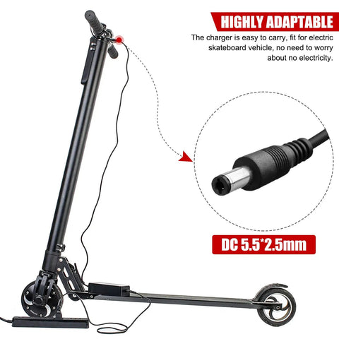 Portable 42V 2A Scooter Battery Charger For Electric Skateboard And EV, Long Cable On The Go Charge, Lightweight Reusable Design, Safe Conformity Approved With LED Indicator And US Standard Plug depicted next to a scooter.