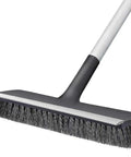 Heavy Duty Floor Scrub Brush With Long Adjustable Handle 2 In 1 Scrub And Squeegee For Quick Cleanup Stiff Bristles Power Through Stubborn Grime On Bathrooms Kitchens Patios Tile Garage And Deck shown with 4-section handle and silicone squeegee.