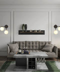 Living room with two light globe wall sconce with frosted glass globes, mid century modern vibe, cozy bedroom hallway bathroom lighting