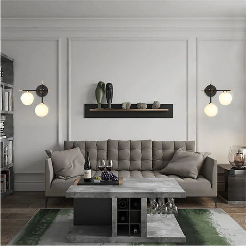 Living room with two light globe wall sconce with frosted glass globes, mid century modern vibe, cozy bedroom hallway bathroom lighting