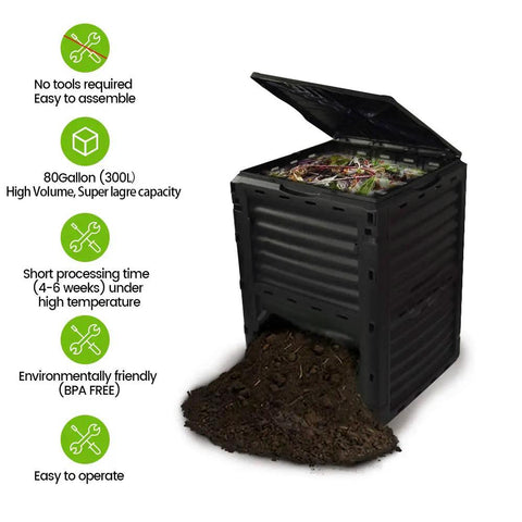 80 Gallon Large Capacity Static Compost Bin With Easy Access Hatch And Efficient Aeration System For Fast Organic Fertilizer Creation For Outdoor Use Black