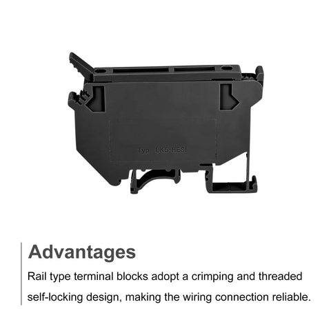 DIN Rail Mount Screw Type Fuse Holder Terminal Block Black UK5 Pack Of 10 side view showing advantages in wiring connections.