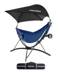 Set Up In 3 Seconds Adjustable Portable Aluminum Hammock Stand For Outdoors With Chair Mode And Lounge Mode Up To 105 Inches Ideal For Backyard Patio Beachside Chill And Easy Snap Fold Assembly with blue hammock and black canopy
