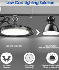 LED High Bay Light 150W Premium 4 Pack UFO next to traditional HID lighting, showcasing energy efficiency and cost savings for workshops.