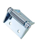 Self-closing door hinge spring on galvanized metal mounting plate with screw holes