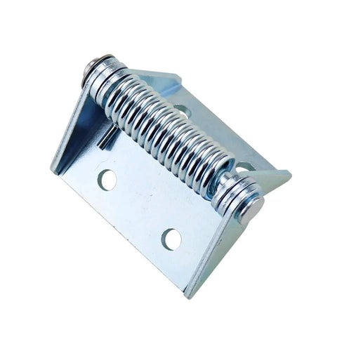 Self-closing door hinge spring on galvanized metal mounting plate with screw holes