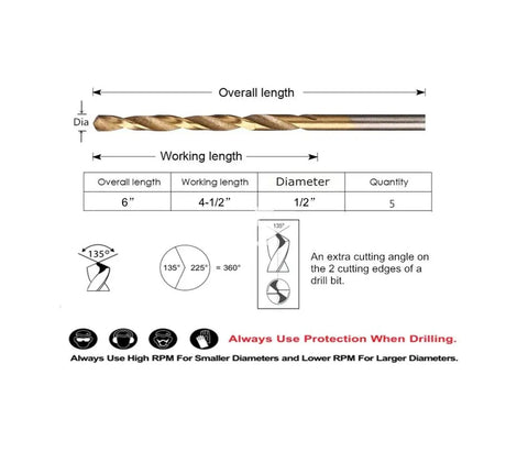 Diagram of Five Piece Titanium Coated Drill Bit Set, Half Inch Diameter, HSS 4241 High Speed Steel, showing measurements and tips.