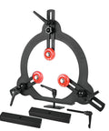 Woodturning steady rest with three red roller heads for 12 to 16 inch wood lathe swing, black steel frame with mounting bars.