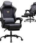 All Day Comfy Ergonomic Gaming Chair With Footrest And Recline Headrest And Lumbar Support Linkage Armrests Heavy Duty 350 Lbs Capacity High Back Office Chair For Home Use Black in black, showing footrest and armrests.