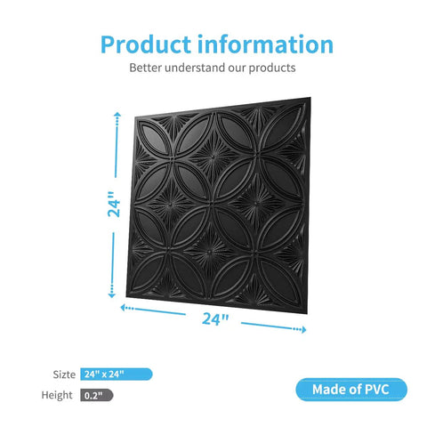 Black PVC Drop Ceiling Tile 2x2 Ft With Glue Up 3D Wall Panel Look, 24x24 In, 12 Pack, Lightweight And Flexible, Water And Corrosion Resistant, Easy Install In Standard T Bar Grid Or On Flat Substrates