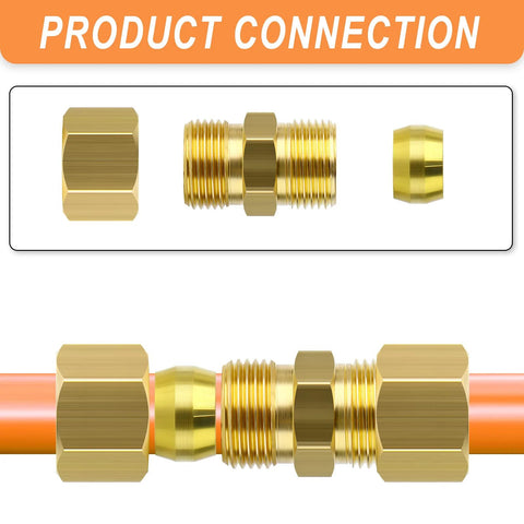 Brass compression tube fittings set, 1/4 in. OD × 1/4 in. OD, 10 pcs for copper plumbing