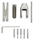 Pinion Gear Puller Kit For RC Motors And Pinion Removal, Pro Grade Tool Set components laid out, including pins and wrench.