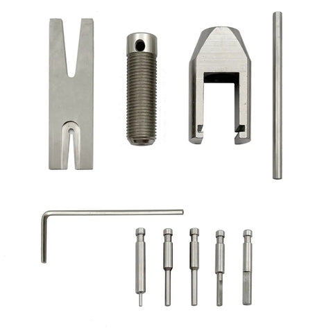 Pinion Gear Puller Kit For RC Motors And Pinion Removal, Pro Grade Tool Set components laid out, including pins and wrench.