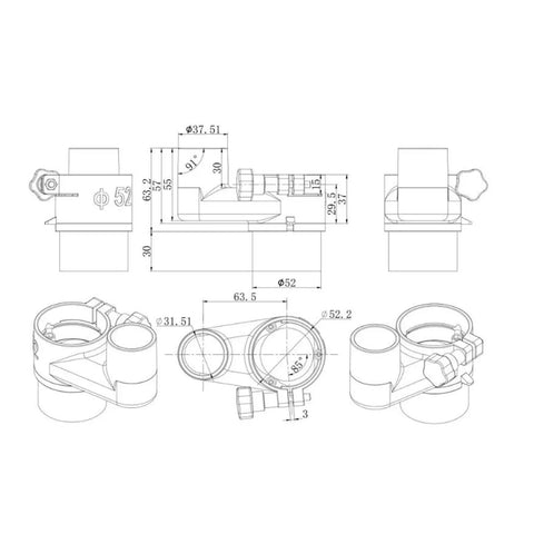 Powerhouse Magnetic Spindle Brush Dust Shoe For Cnc Woodworking with detailed technical drawing dimensions and parts.