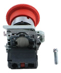Straight Up Heavy Duty Emergency Stop Push Button Switch paired with 1NC Contact Block showcasing 22mm mounting, designed for Xb4 Bs8442 panels.