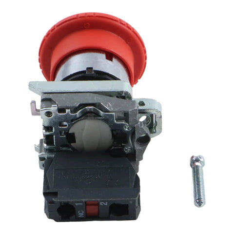 Straight Up Heavy Duty Emergency Stop Push Button Switch paired with 1NC Contact Block showcasing 22mm mounting, designed for Xb4 Bs8442 panels.