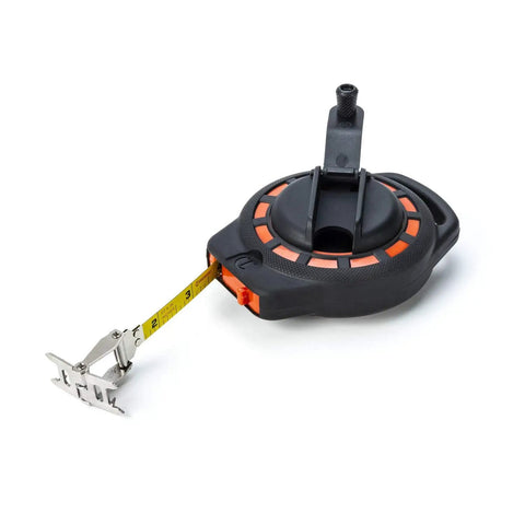 Three Eighths Inch By Fifty Foot Steel Construction Long Tape Measure With Three To One Gear for fast winding, dual material case.