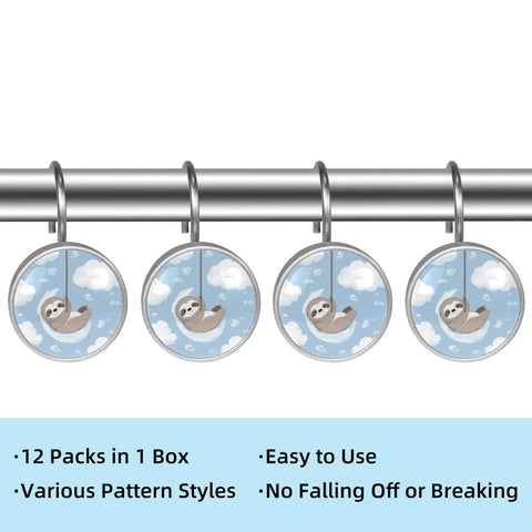12 Pcs Totally Adorable Sloth Shower Curtain Hooks With Clouds Set For Decorative Animal Motif Rust Proof Glide Smoothly Durable Resin And Stainless Steel Rings For Universal Fit On Bathroom Curtain Rods