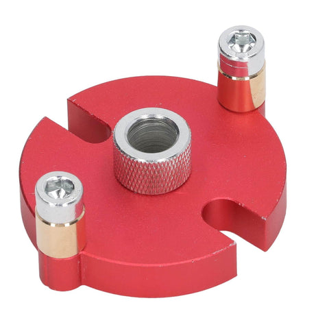 Red aluminum drill guide from Pro Grade Auto Centering Dowel Jig With Aluminum Drill Guide And Eight Drill Bushings.