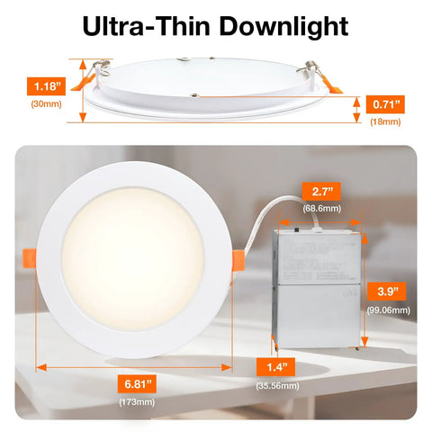 Sylvania Slim Microdisk Downlight, 12W, 5 CCT Select (2700K - 5000K) Recessed Lighting, 6 inch dimensions and features overview.