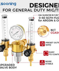 Mtsooning dual-output argon regulator for MIG/TIG welding; brass body, dual flow meters, CGA580 inlet, 5/8-18 UNF outlet
