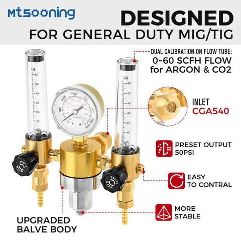 Mtsooning dual-output argon regulator for MIG/TIG welding; brass body, dual flow meters, CGA580 inlet, 5/8-18 UNF outlet