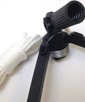 Close-up of gutter cleaning tool attachment with black tongs and handle, fits any extension pole, mess-free cleaning, budget-friendly.