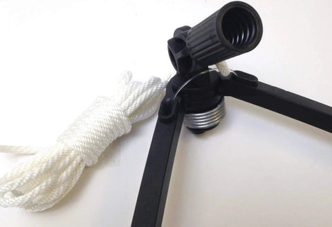 Close-up of gutter cleaning tool attachment with black tongs and handle, fits any extension pole, mess-free cleaning, budget-friendly.