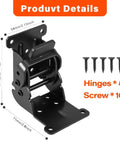 Heavy Duty Steel Folding Hinges With Tough Self Locking Grip 4 Pack parts shown, including brackets and screws, dimensions marked.