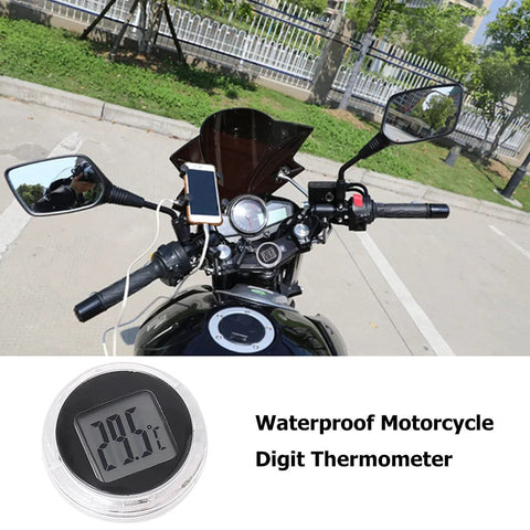 Motorcycle thermometer mounted on the handlebar; front view shows waterproof digital gauge and mirrors