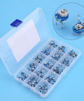 150 Piece Resistor And Trimmer Potentiometer Assortment Kit Blue And White Vertical PCB Mount Three Terminal Preset Adjustable Resistors Ranging 100 Ohm To 1 Megohm For DIY Electronics And Prototyping Handy For Hobbyists in a clear plastic box.