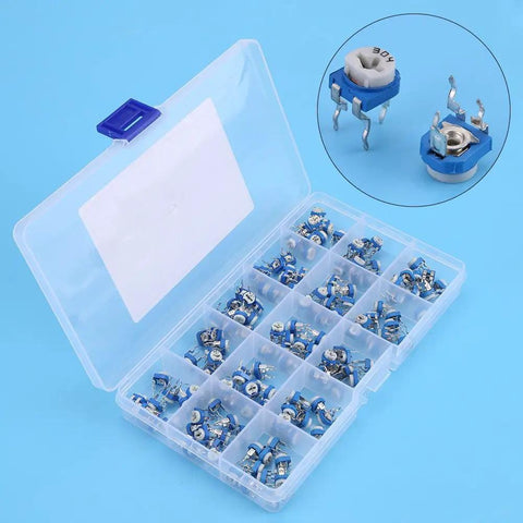 150 Piece Resistor And Trimmer Potentiometer Assortment Kit Blue And White Vertical PCB Mount Three Terminal Preset Adjustable Resistors Ranging 100 Ohm To 1 Megohm For DIY Electronics And Prototyping Handy For Hobbyists in a clear plastic box.