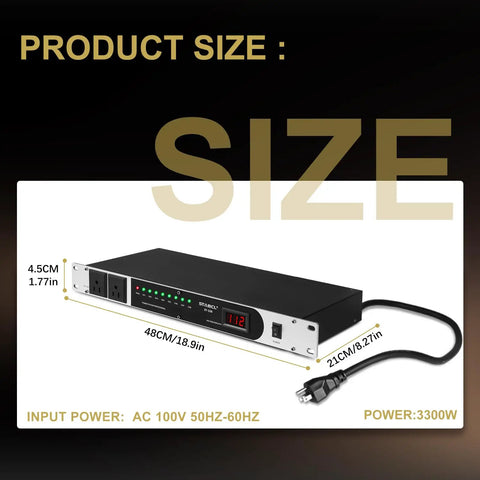 Heavy Duty Ten Socket Power Conditioner And Surge Sequencer Delivers A Rock Solid 3300 Watts And 30 Amps Of Clean Juice Through Rack Mount Housing size dimensions on display.