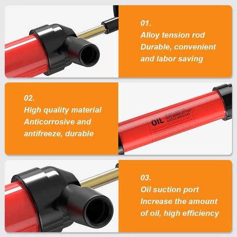 Heavy Duty Portable Siphon Pump Kit For Handheld Fluid Extractor And Universal Gasoline Oil Transfer With Hella Durable Flexible Pvc And No Sweat Garage Use, showing the alloy tension rod and oil suction port.