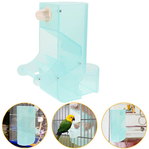No Fuss Splash Proof Bird Feeder Cage Mount With Secure Buckle Clip And Hanging Rod For Parrots And Finches Easy Breezy Setup green plastic feeder side view